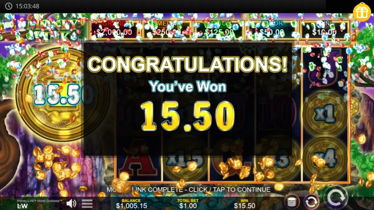 Money Link Moon Goddess slot machine interface featuring lunar deity theme